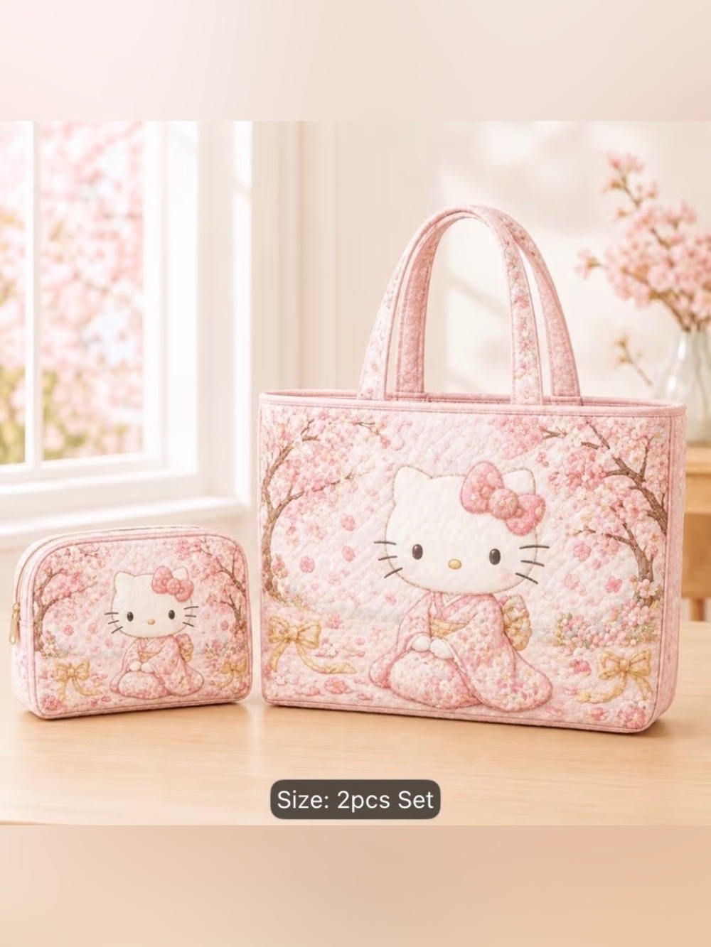 Hello Kitty Pink Floral Quilted Kids Tote and Pouch Set